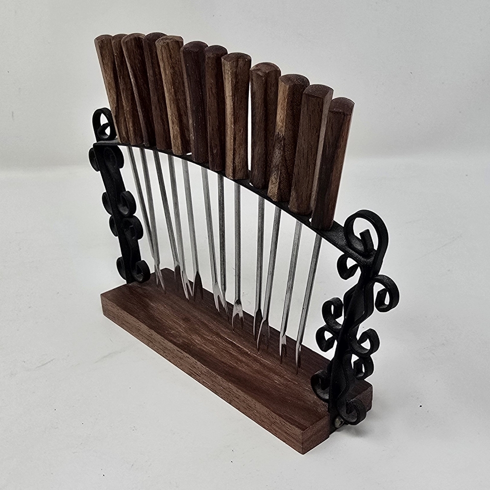 Vtg MCM 12 rosewood handle appetizer cheese cocktail forks picks w/stand Japan - Picture 5 of 6
